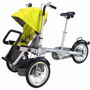 Mother's Bicycle Mother And Pushes Baby Bike With Car Seat Stroller