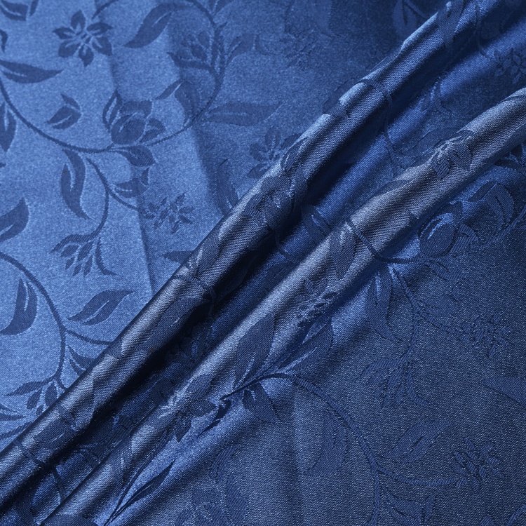 Cheap price plain dyed blue 100% polyester satin jacquard curtain fabric for wholesale