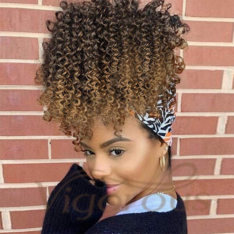Vigorous Wholesale Ombre Blonde Heat Resistant Fiber Kinky Curly For Asian Women Drawstring Synthetic Ponytail Hair Extension