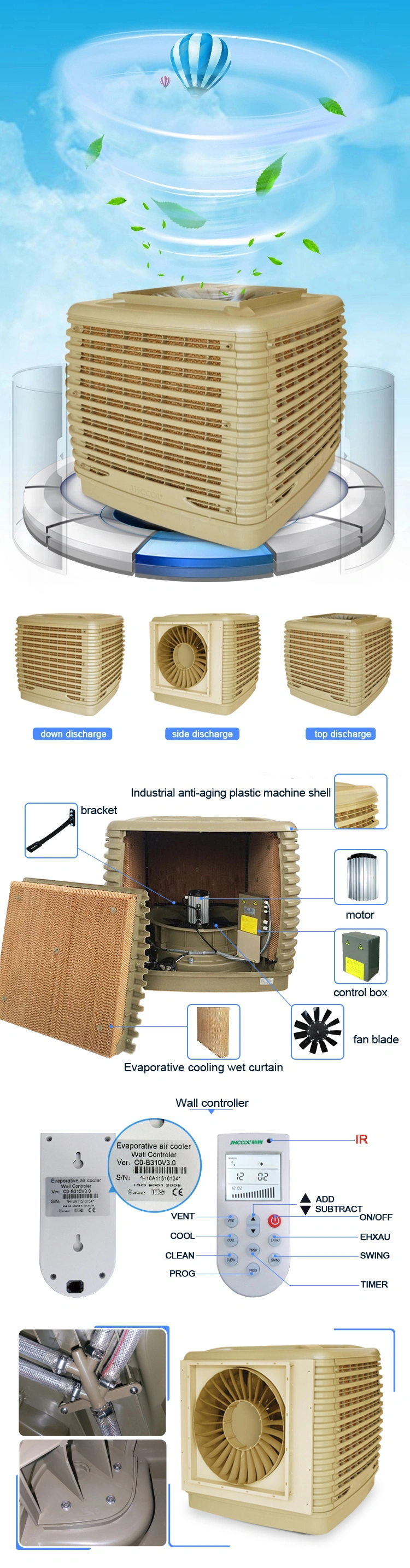 Side Discharge Roof Mounted Evaporative Air Cooler with LCD Remote