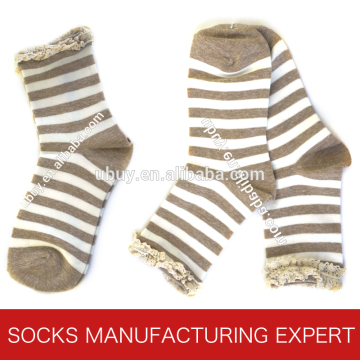 women's 100% cotton striped sock with lace top