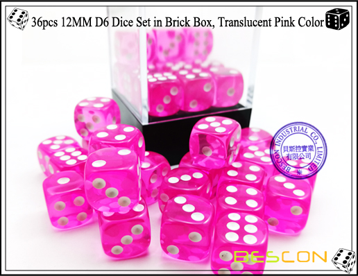 36pcs 12MM D6 Dice Set in Brick Box, Translucent Pink Color-4