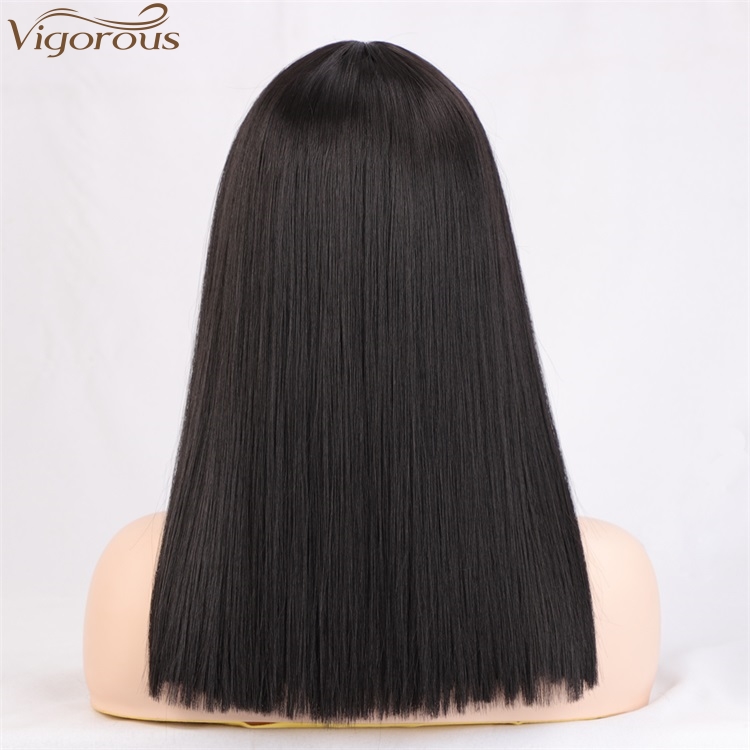 Vigorous High Temperature Wholesale Price  Cheap Long Silky Straight Black with Flat Bangs Synthetic Hair Wigs for Black Women