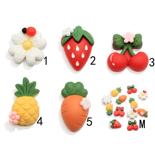 Venta al por mayor de frutas de dibujos animados, fresa, piña, cereza, resina, cabujón, flor artificial, zanahoria, adorno, accesorio, fabricación de joyas