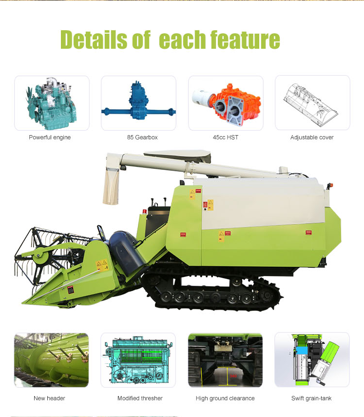 高生产率小麦收割机 Combain 50Hp 小型农业机械 Lmanual Min 湿地水稻收割机