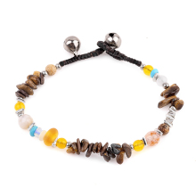 Natural Tiger Eye Chip Stone Beads Handmade Woven Silver Bell Bracelets for Women Girls
