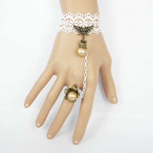 MYLOVE white gothic lace bracelet connected to ring whith pearl very charming MLGS039