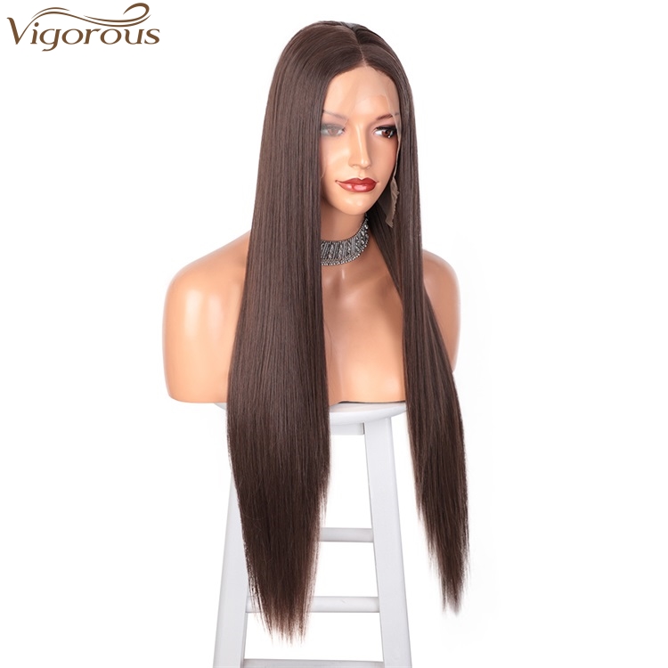 Vigorous High Temperature Top Quality Long Silky Straight Brown Wigs Middle Part Lace Frontal Wigs For White Women Wholesale