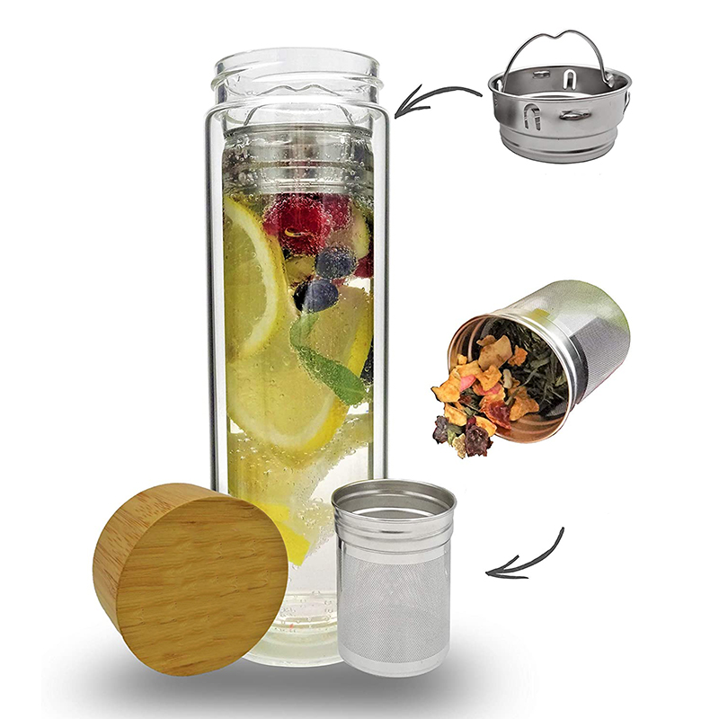 450ml double wall glass tea infuser water bottle bamboo cover glass water bottle