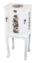 White Floor Standing Wooden Jewelry Armoire with Floral Design