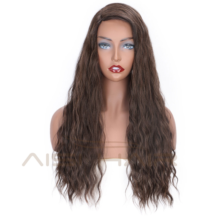 Aisi Hair Brown Color Lace Part Heat Resistant Synthetic Hair Wigs with Bangs Long Wavy Side Part Wigs for Black Women
