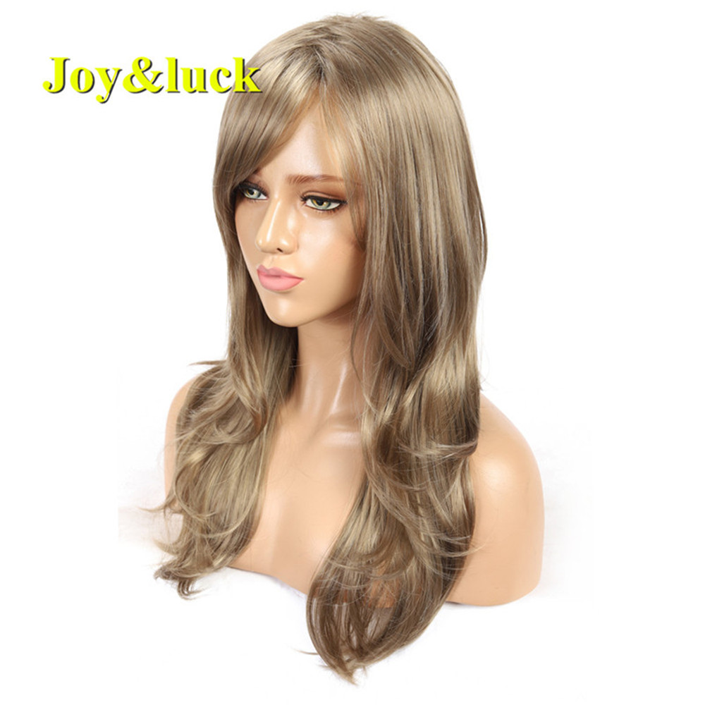 Wholesale Price Long Blonde Mix Brown Color Party Natural Wave Wigs for Women With Bangs Cosplay Wig Style Synthetic Hair Wigs