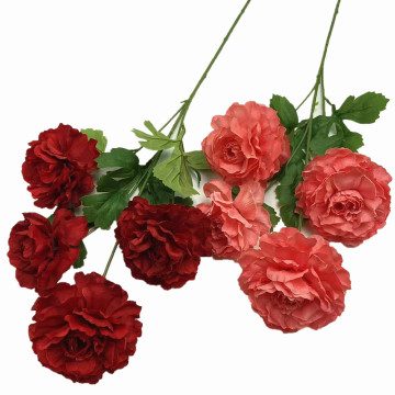 Artificial Silk Ranunculus Branch Faux Buttercup Flower with Green Leaves