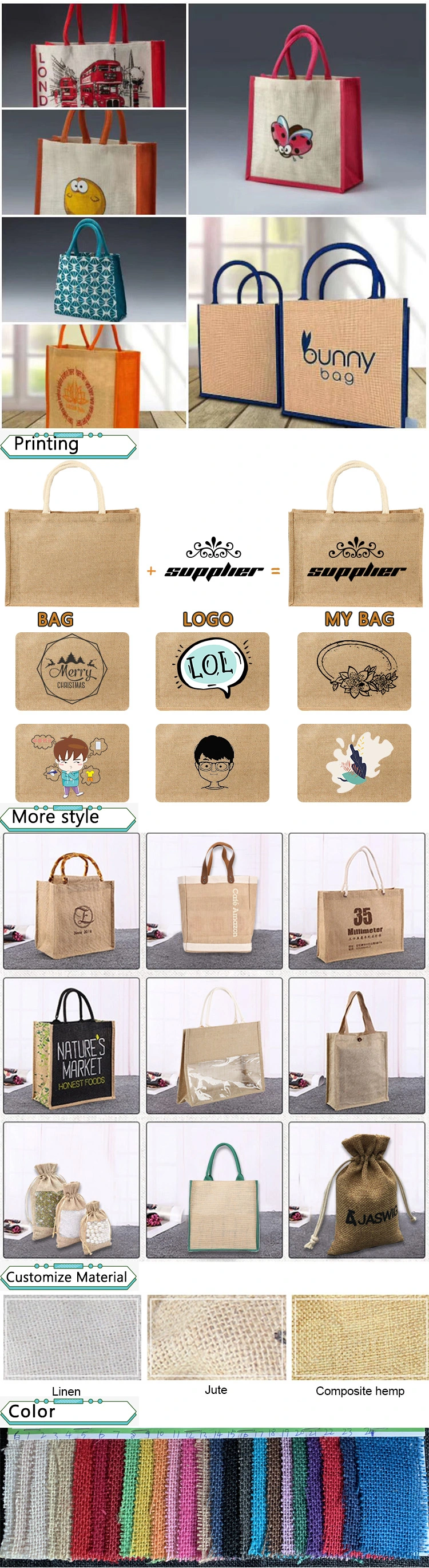 Professional Manufacturer Supplier Eco Friendly Printed Reusable Burlap Jute Tote Bag Custom