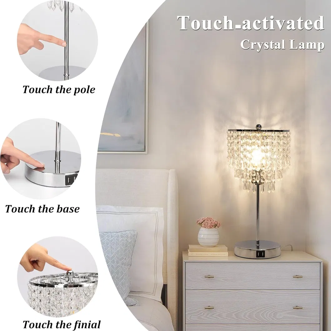 Elegant Touch Control Crystal Table Lamp with USB Charging Ports