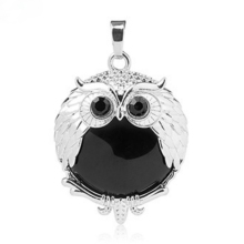 Black Onyx 24mm Beads Silver Owl Pendant