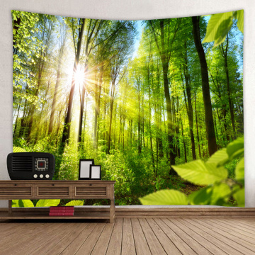 Wald Tapisserie Bäume Wandbehang Natur Stil Sonnenlicht ruhige Tapisserie für Wohnzimmer Schlafzimmer Wohnheim Dekor grün