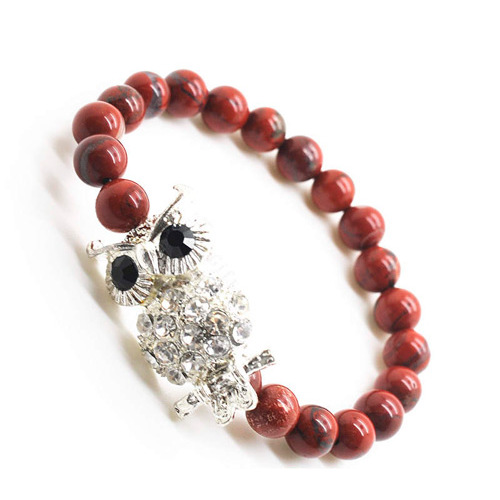 Red Jasper 8MM Round Beads Stretch Gemstone Bracelet with Diamante alloy Owl Piece