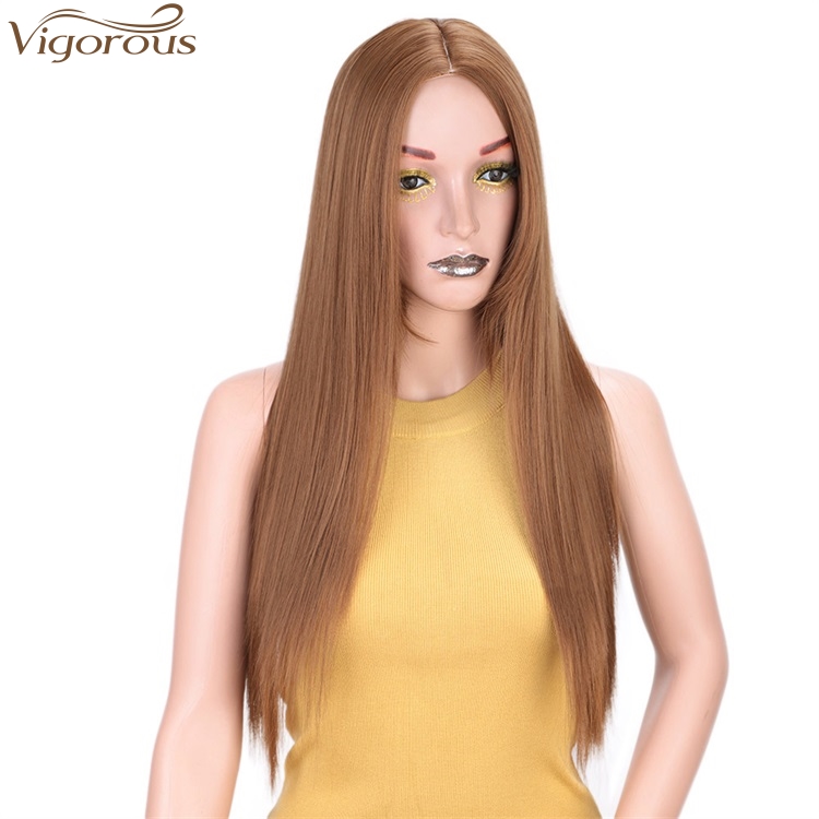 Vigorous Long Silky Straight Synthetic Wigs Middle Part Honey Brown Natural Looking Cospaly Daily Use Wigs Wholesale Price