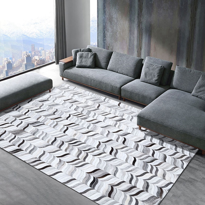 Home Hotel Grey Cowhide Patchwork Rectangle Shape Leather Floor Carpet Area Rugs