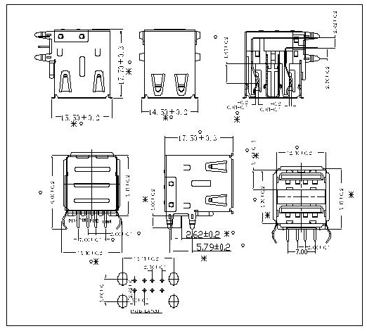 UAFR05-USB A Type Receptacle Double Stack Angle DIP13.14mm