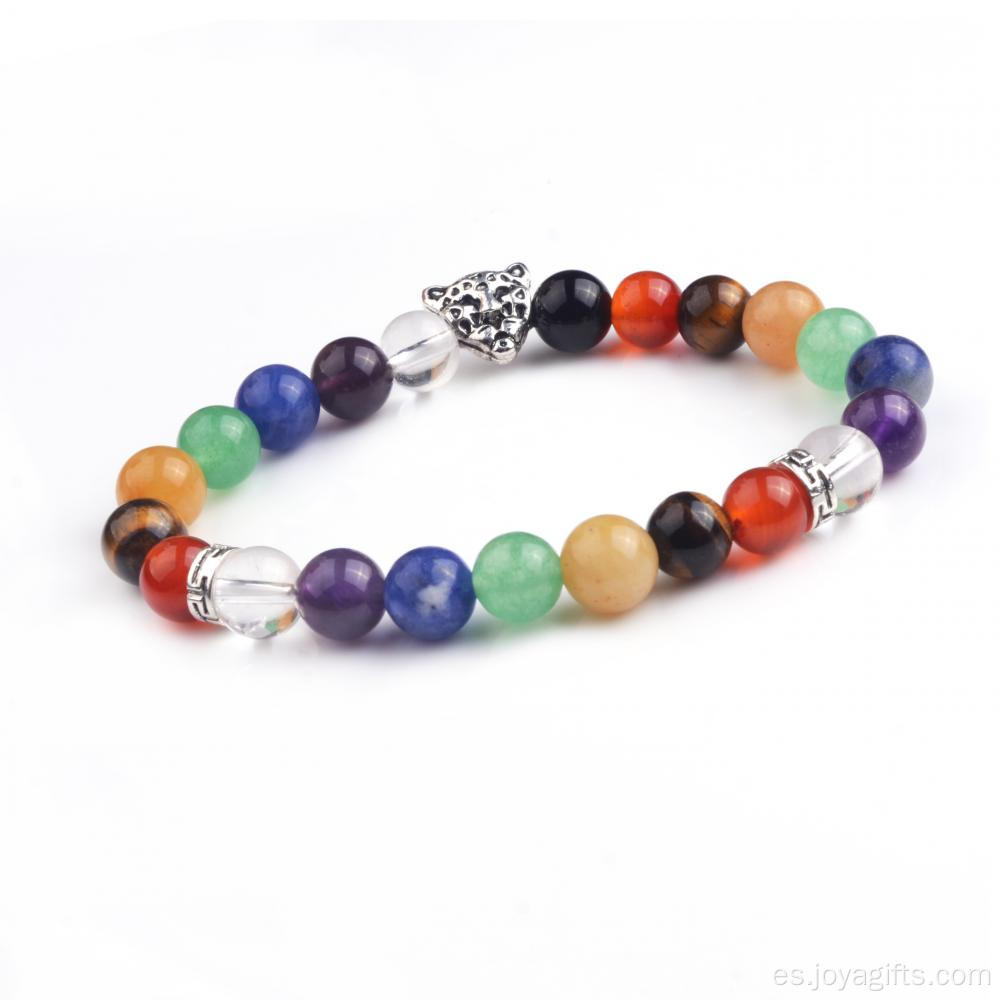 Moda caliente 7 Chakra 8MM piedra redonda abalorios pulsera elástica con Leapard cabeza