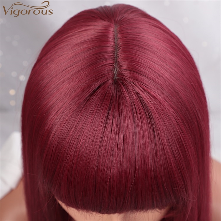 Vigorous Long Silky Straight Red Lace Front Synthetic Wigs With Bangs For Women 28 Inches Glueless High Temperature Hair Wig