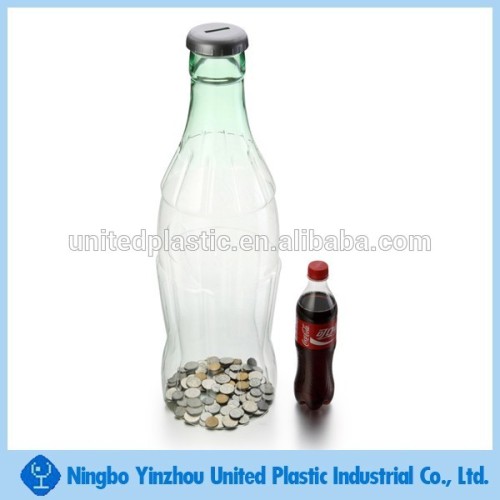 new product in europe for PET plastic disposable bottle shaped coin bank display