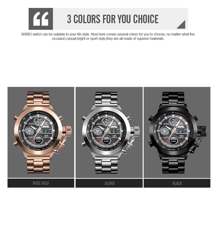 Skmei 1515 Gold Digital Watch Men Wristwatch Chrono Alarm Waterproof Stainless Steel Strap