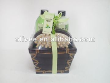 bath and body items in bamboo basket