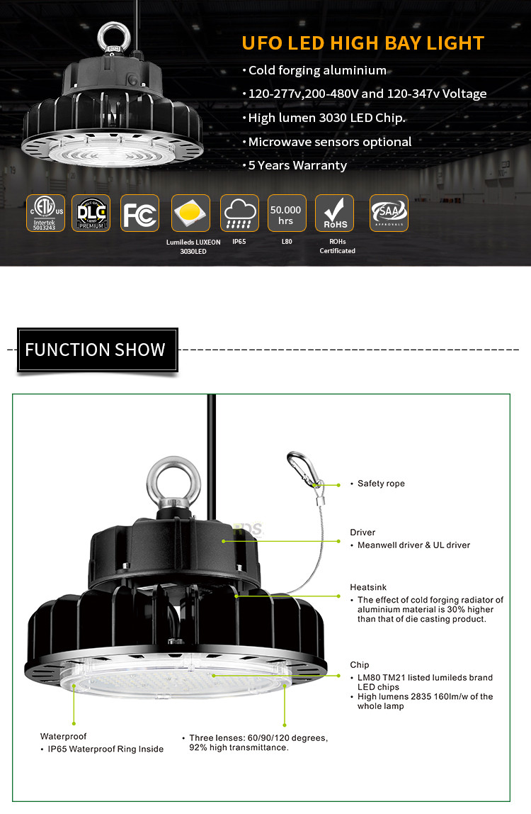 277V 347V 480V ETL DLC 100W 150W 200W Luminaire 5000K Waterproof LED UFO Hanging HighBay Light