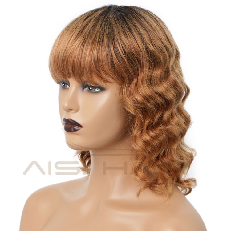 Aisi Hair Vendor Cheap Short Wavy Bob Hair With Bangs Ombre Brown Curly Brazilian Human Hair Wig