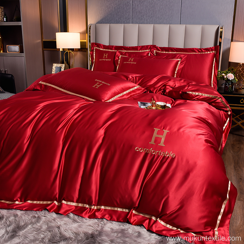 Manufacuter embroidery solid Washed silk bedding set