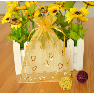 heart printed gold color mini organza bag