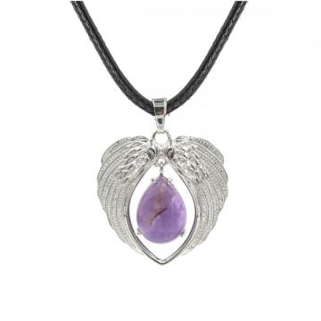 Gemstone Silver Alloy Wing Teardrop Gemstone Pendant Necklace Heart Shape Crystal Healing Wing Choker for Women Anniversary Gift