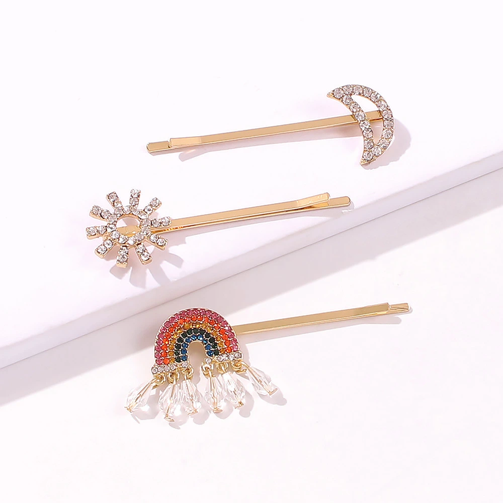 Retro Diamond-Inlaid Moon Snowflake Rainbow Hairpin One-Word Diamond-Inlaid Hairpin Set