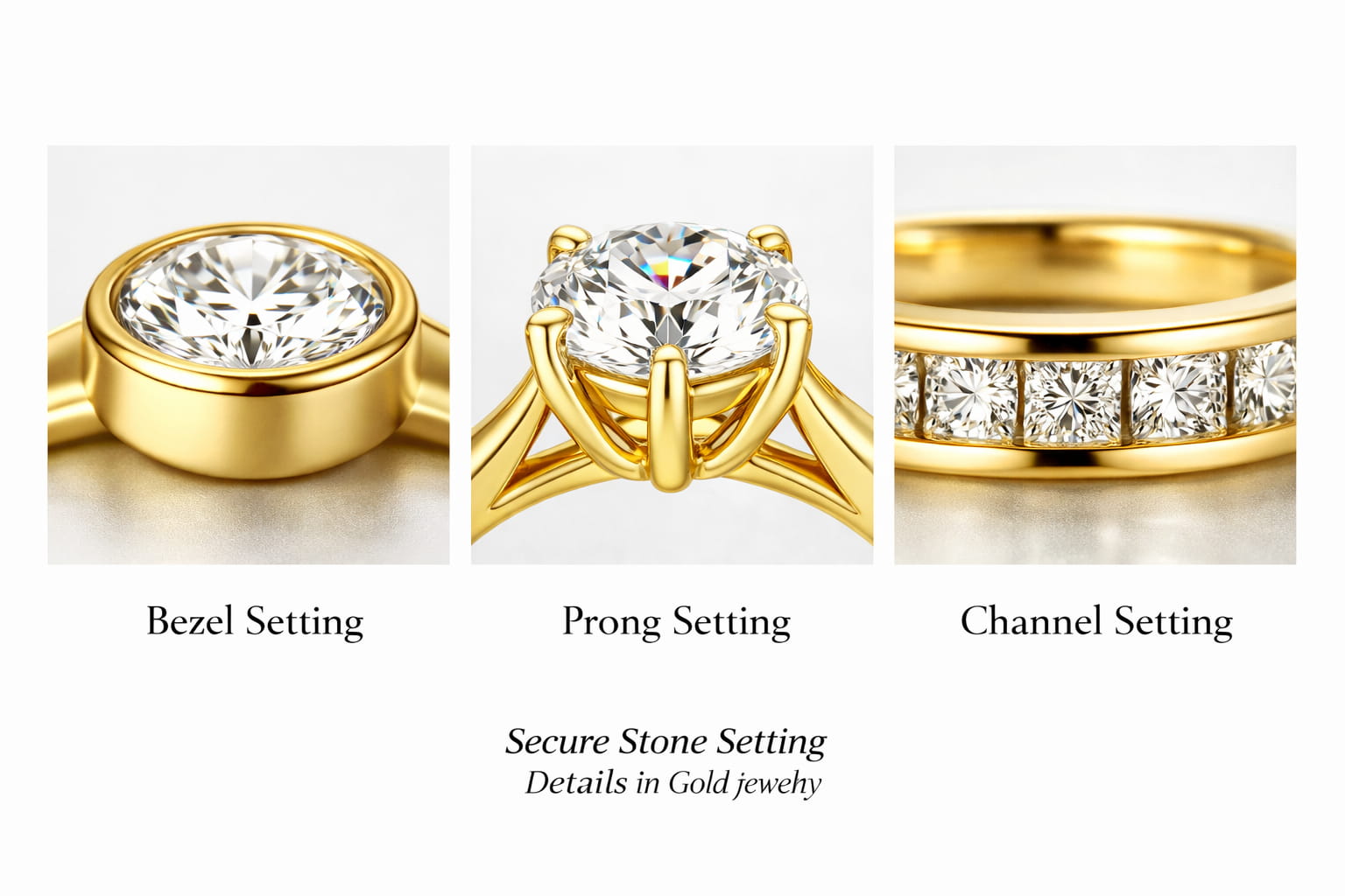 Çerçeve sivri ucu ve kanal yapısı da dahil olmak üzere altın takılardaki güvenli taş yerleştirme ayrıntılarının yakından görünümü