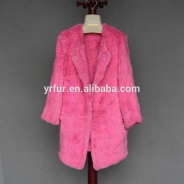 YR515B Women Real Rex Rabbit Fur Coat/Rose,Black,Grey Knitted Rex Rabbit Coat/Fashion 2015