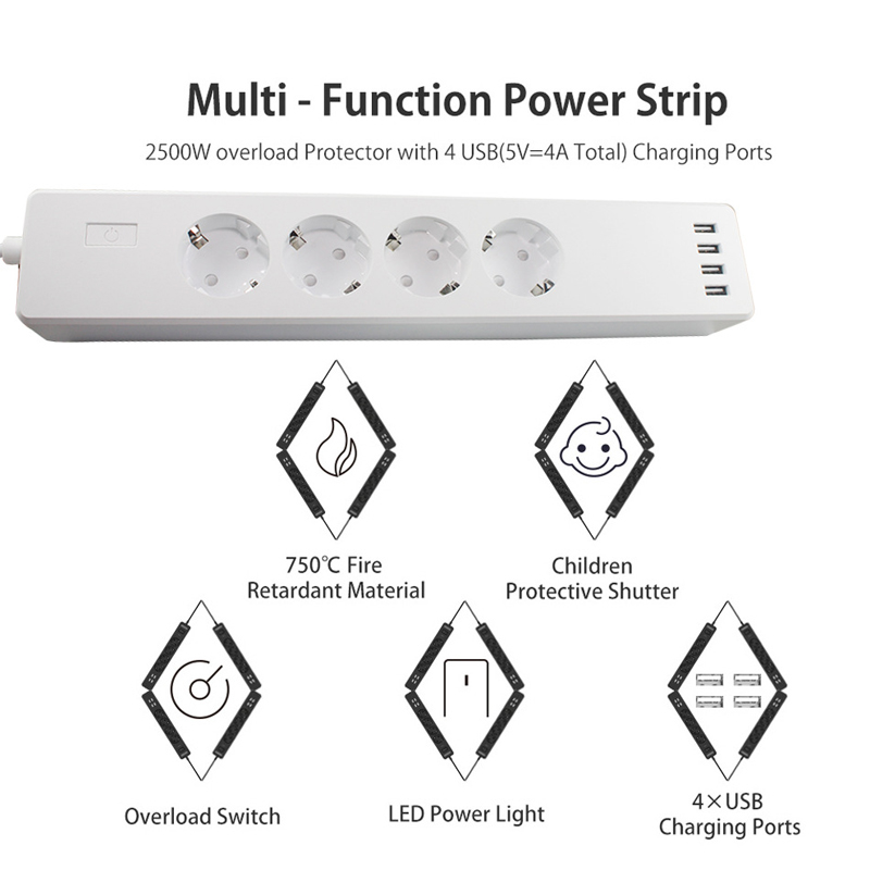 Eu Power Strip Power Extensions Strip Smart 4 Outlet Power Strip European Surge Protector TUYA