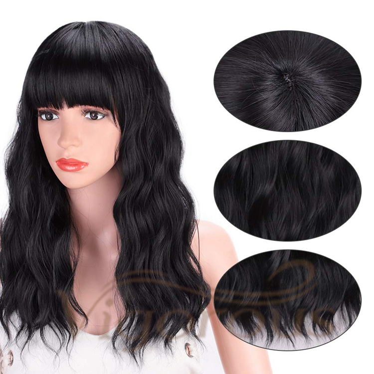 Vigorous Best Selling Wholesale Black Body Wave Middle Long With Neat Bangs Machine Made For Black Women Synthetic Hair Wigs