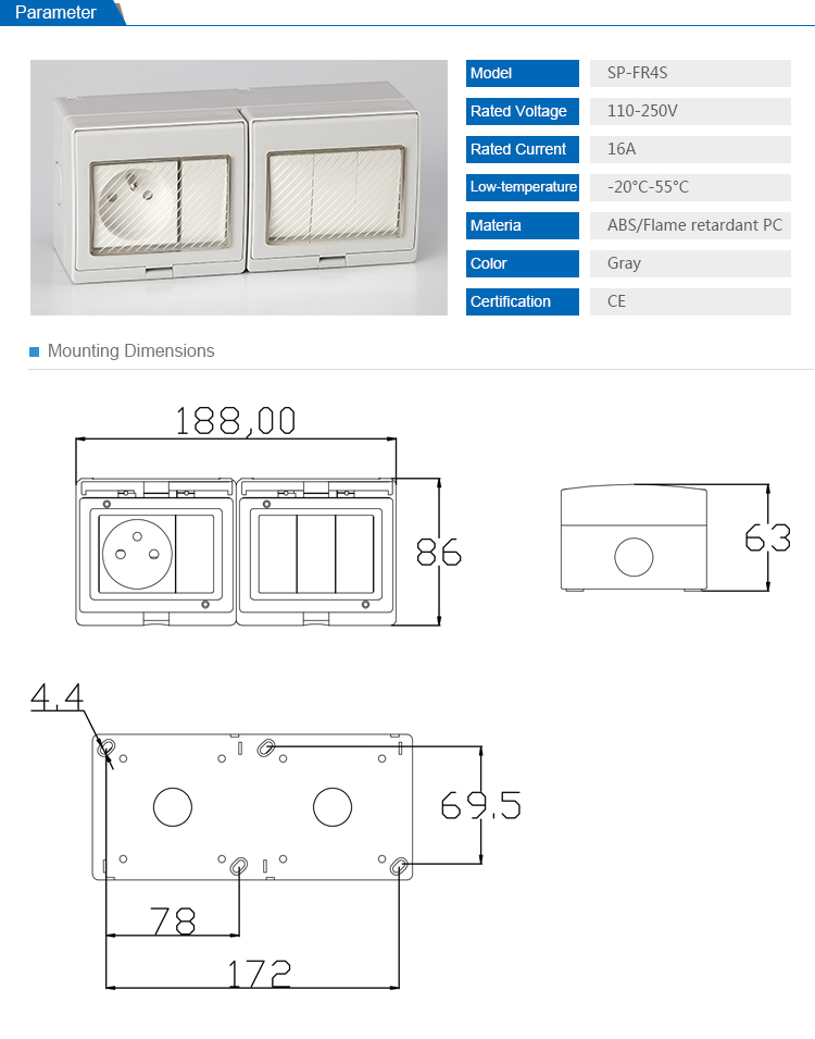 Saipwell French Hot Sale Electrical Double Control 4 ways Push Button waterproof Light Switch Socket (SP-FR4S)