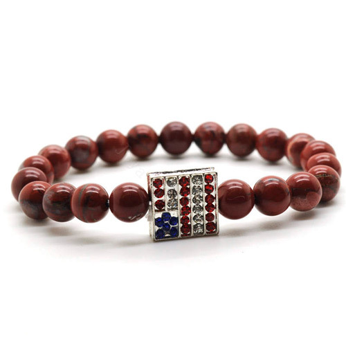 Red Jasper 8MM Round Beads Stretch Gemstone Bracelet with Diamante USA Flag Piece