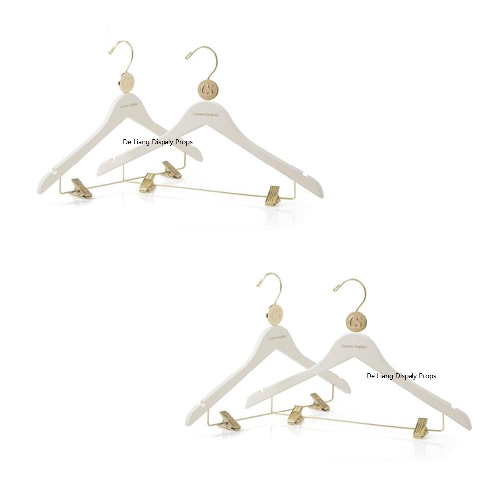 DL520 CS Luxury white color wooden hanger for wedding dress with gold color hook and clips pants hanger