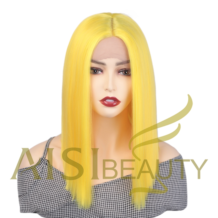Aisi Beauty Hot Selling Supplier Shoulder Length Silky Straight Middle Part Yellow Synthetic Hair For Black Women Lace Front Wig
