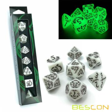 BESCON DARK ELVES Juego de dados resplandecientes (7 piezas), OVERized GLOW IN DARK Juegos de rol tallados RPG Juego de dados