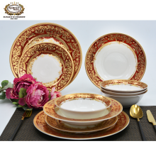 24-Piece Red Germany Royal Gold Rim Dinnerware Set - Bone China & Gold Plated for Festivals & Weddings