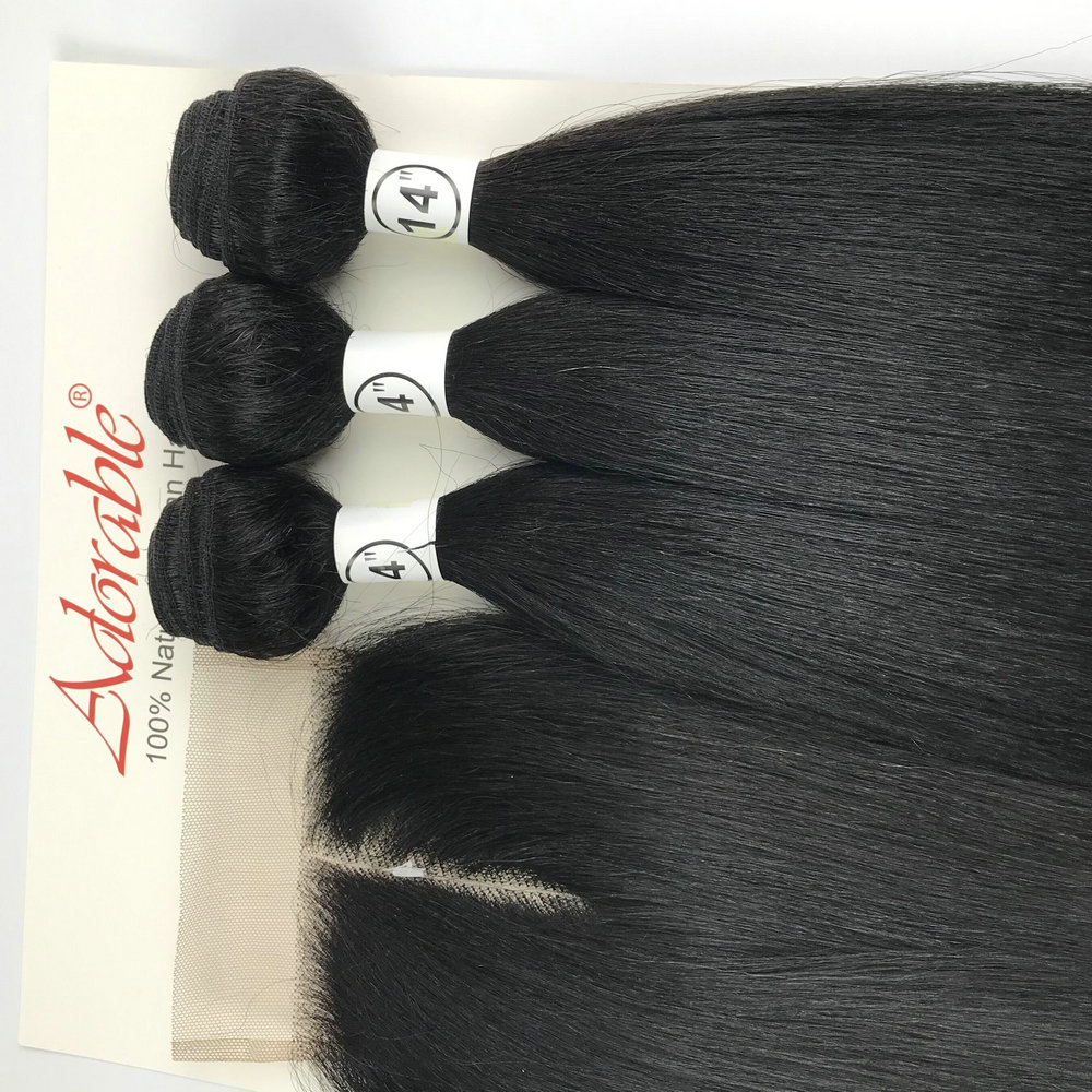 Natural Straight 3 bundles with a closure Silky Straight Virgin Human Hair Mixed Lengths Natural Color