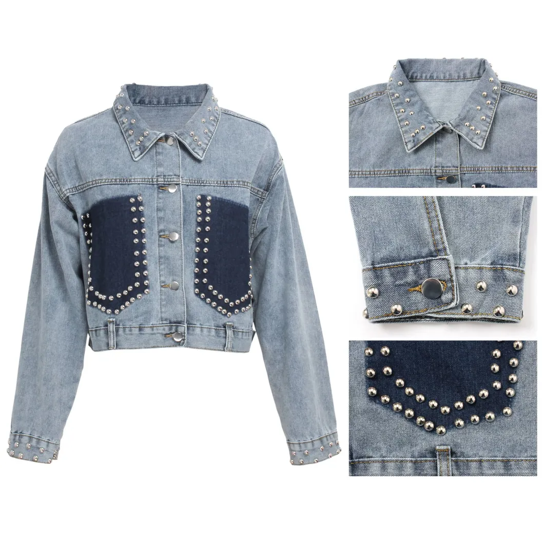 Best Selling 2021 Streetwear Patch Pockets Beaded Short Jackets Women Spring Denim Tops Ranking