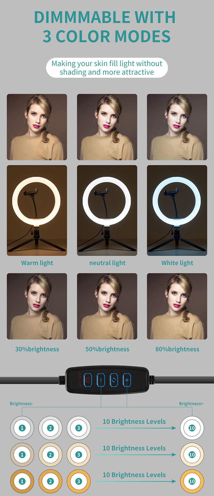 3 color modes for ring light