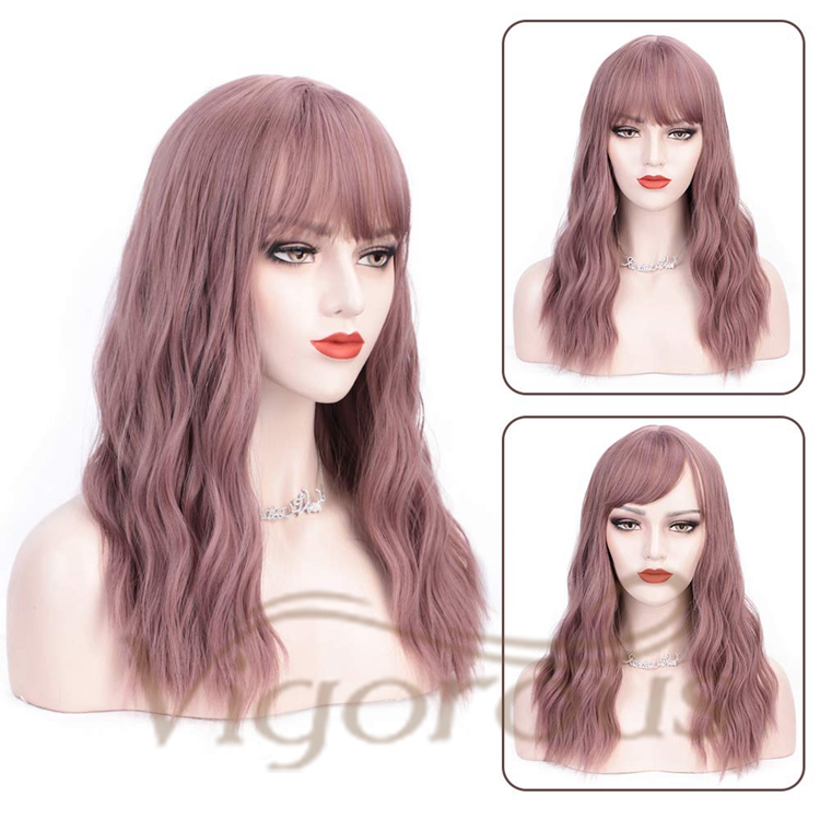 Vigorous Hot Selling Cheap Price Long Body Wave With Neat Bangs Pink High Temperature Fiber For Black Women Synthetic Hair Wigs